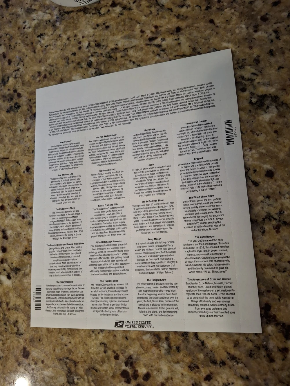 TV Early Memories Commemorative Stamp Sheet - Collectors item 2008